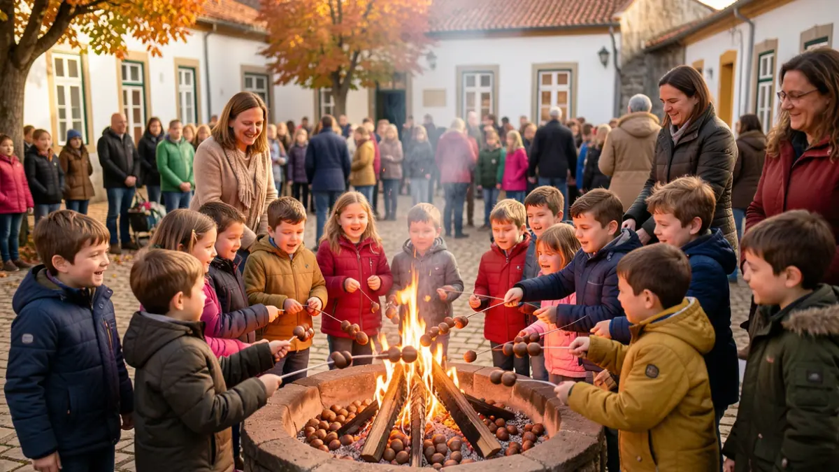 Generic image of children roasting chestnuts on a bonfire in a schoolyard setting.