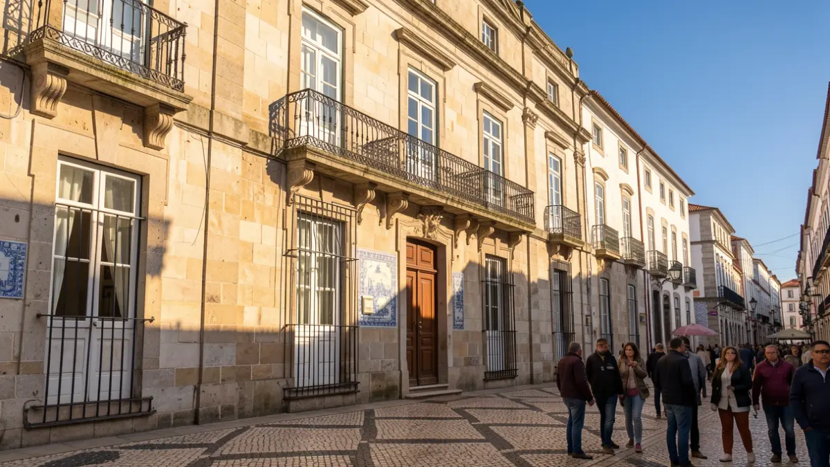 Generic image of a Portuguese municipal building facade with sunlight.