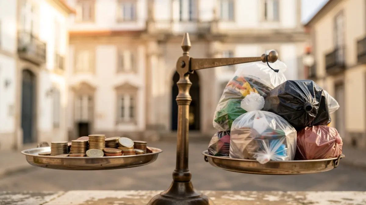 Imagem genérica de uma balança a pesar moedas contra sacos de lixo, com a fachada de um edifício municipal ao fundo.