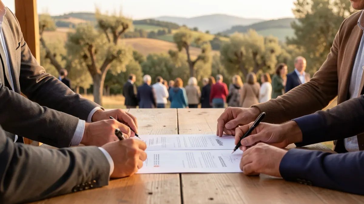 Imagem genérica de mãos a assinar um documento em conjunto, com uma paisagem portuguesa ao fundo.