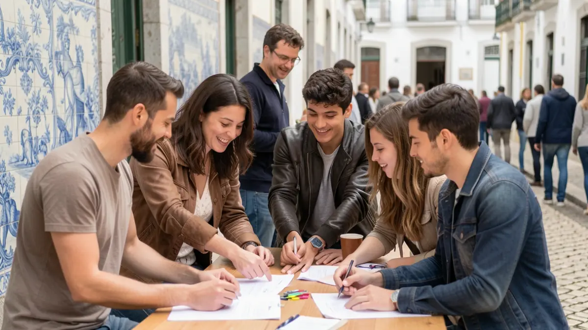 Imagem genérica de jovens a colaborar num projeto com elementos arquitetónicos portugueses ao fundo.
