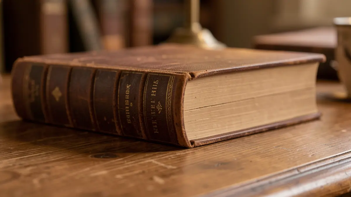 Imagem genérica de um livro antigo de capa de couro com letras douradas desbotadas na lombada, pousado numa secretária de madeira. Luz suave e quente.