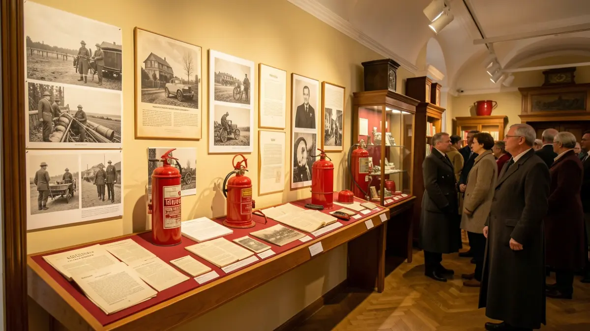 Imagem genérica de fotografias históricas e equipamentos de bombeiros expostos num museu.