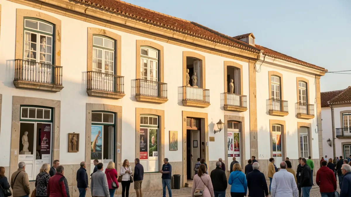 Fachada do Museu de Portimão, um edifício histórico com arquitetura tradicional portuguesa, banhado pela luz quente da tarde. Inclui elementos de arte e cultura.