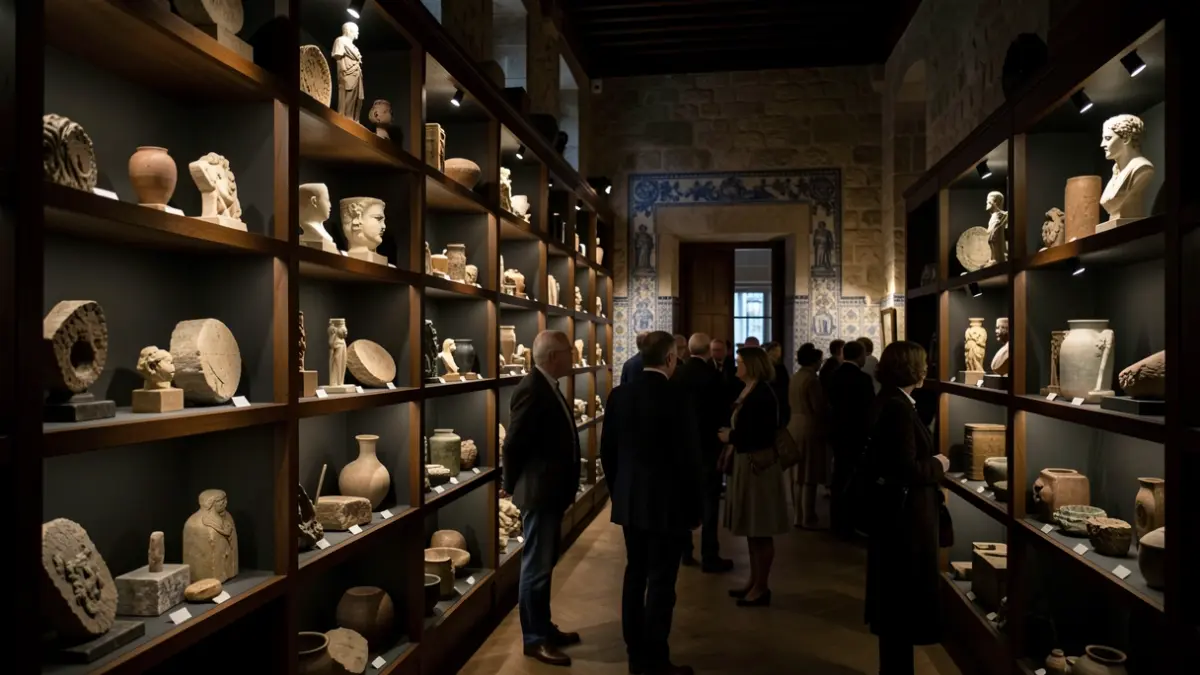 Generic image of a museum storage space with old objects and focused lighting.