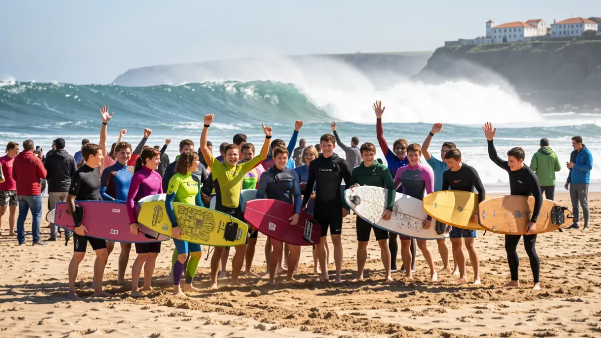 Jovens bodyboarders celebram vitória numa praia em Nazaré, com ondas grandes ao fundo.