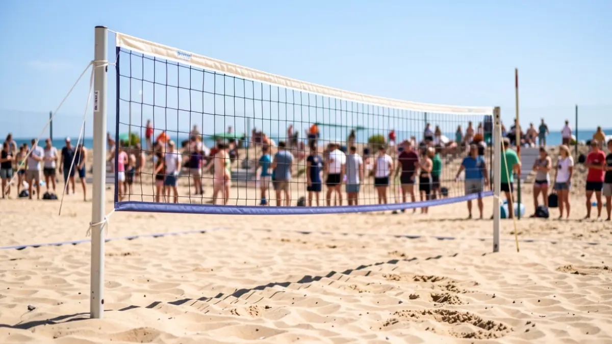Imagem genérica de um campo de andebol de praia com rede e balizas, com o fundo de areia desfocado e luz solar intensa.