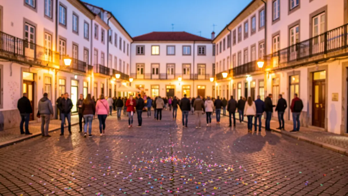 Image of a Portuguese town square at dusk, with warm lights and confetti on the ground, suggesting a carnival atmosphere.