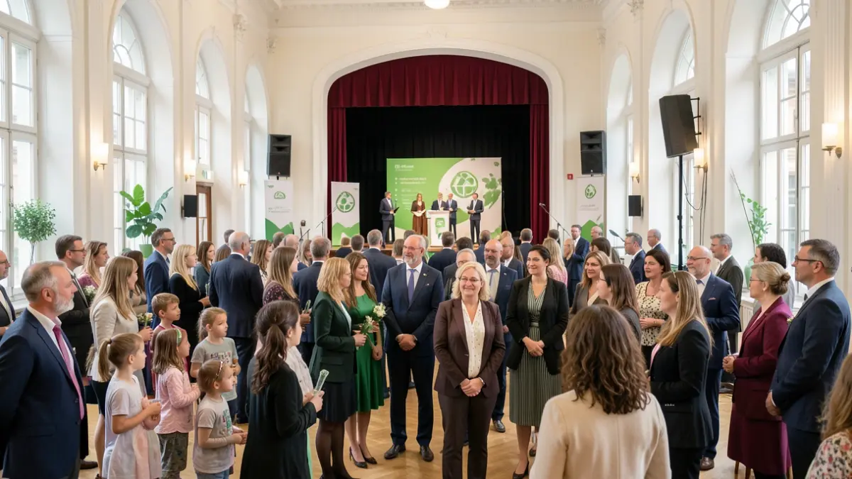Imagem genérica de uma cerimónia com várias pessoas, incluindo crianças e adultos, num salão com um palco. Sem nomes próprios ou detalhes específicos do evento.