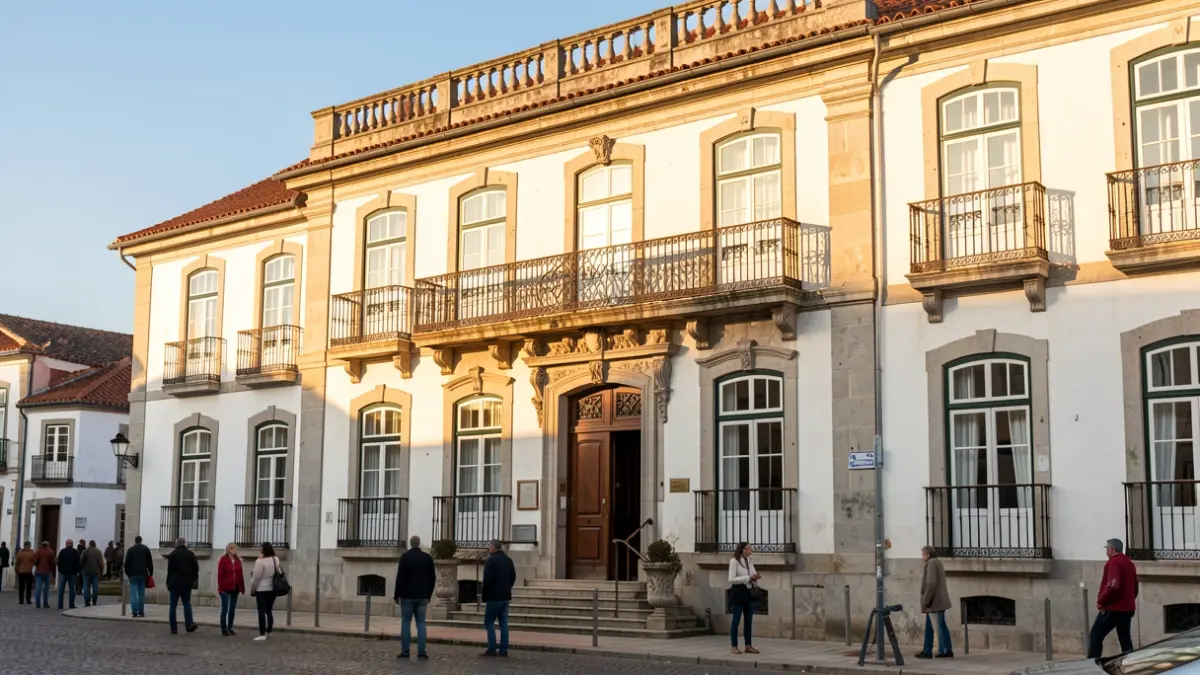 Imagem genérica de um edifício de Câmara Municipal com arquitetura tradicional portuguesa, ao entardecer.
