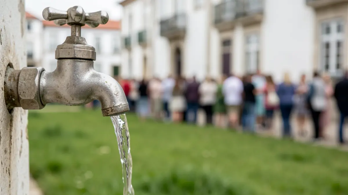 Image of a tap with running water, with a blurred background of green fields and a Portuguese building.