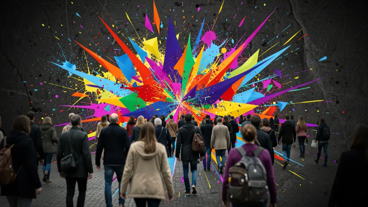 Generic image of an abstract collision between chaos and creativity, with vibrant colors and geometric shapes.
