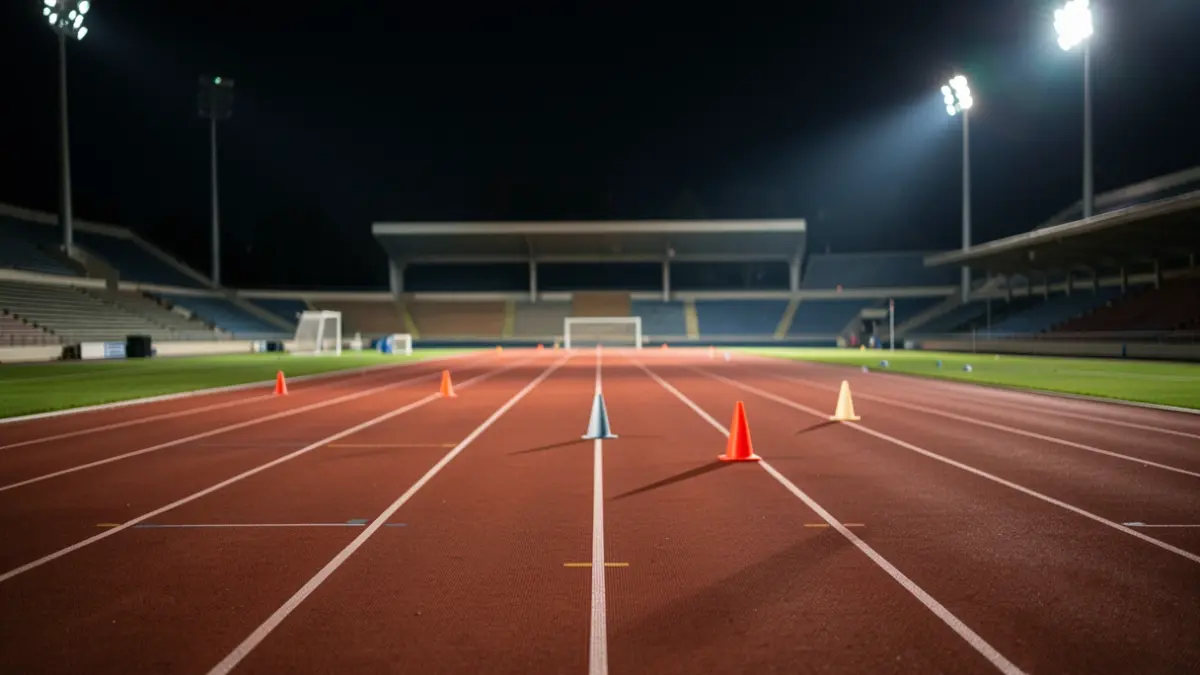Imagen genérica de una pista de atletismo vacía por la noche, con luces de estadio proyectando sombras.