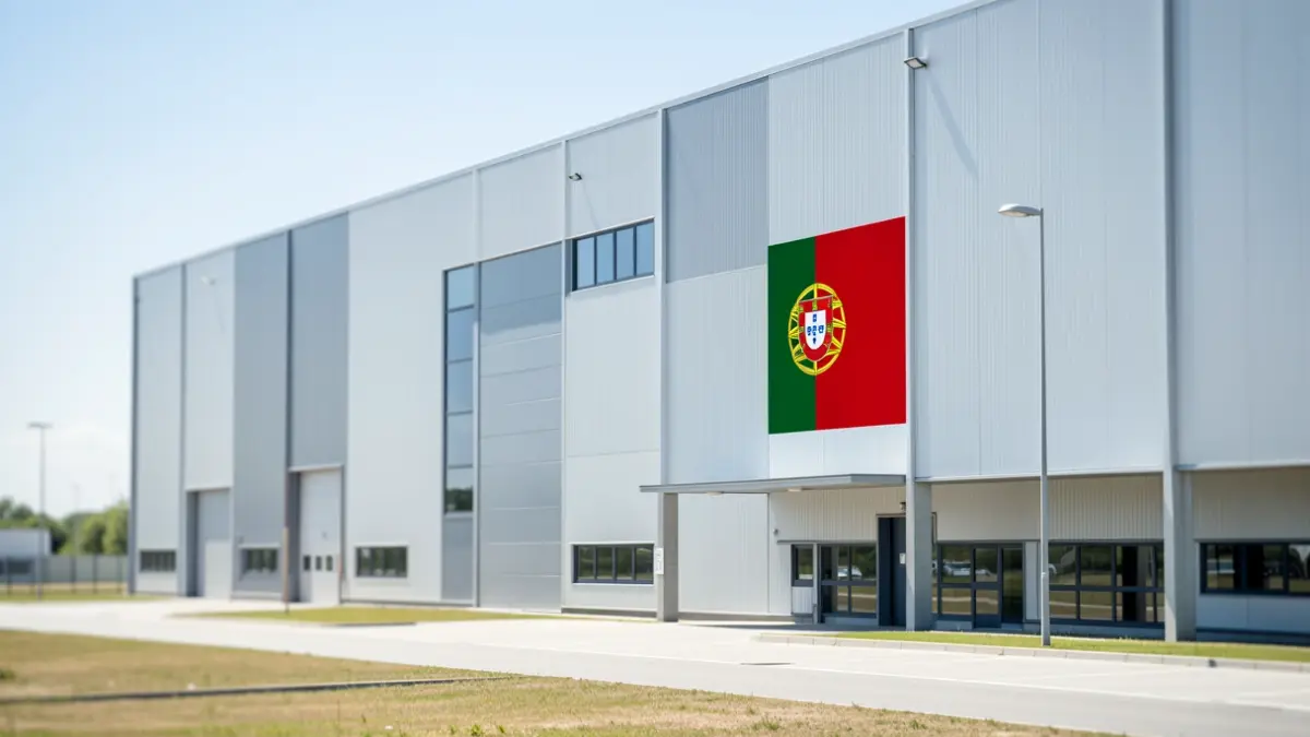Fachada de un edificio industrial moderno en una zona de actividades económicas en Portugal, con luz diurna.