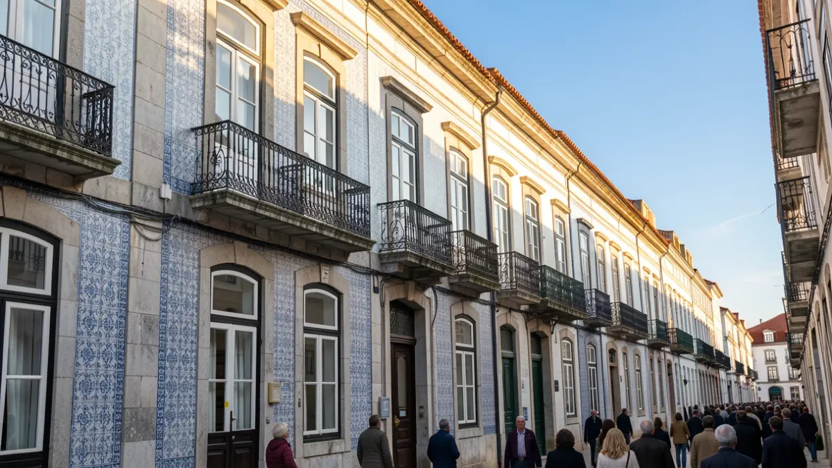 Generic image of a historic Portuguese building with ornate balconies and azulejo tiles, under afternoon sunlight.