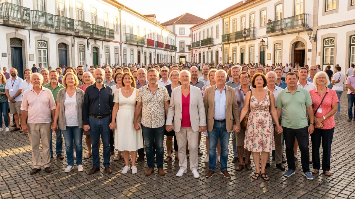 Generic image of a diverse group of people in a public square in Portugal, holding hands, with traditional architecture in the background.