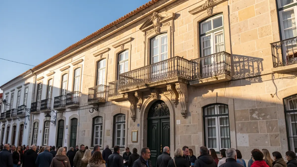 Generic image of a Portuguese town hall building facade with an ornate balcony and iron railings, bathed in warm afternoon sunlight.