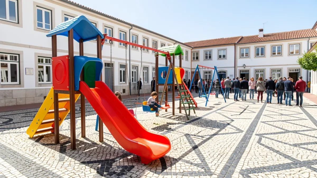 Parque infantil renovado numa escola portuguesa com equipamentos coloridos e pavimento tradicional.