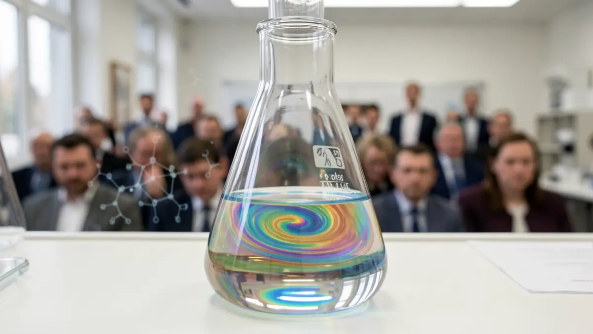 Imagem genérica de um frasco de laboratório com líquido iridescente e moléculas orgânicas abstratas ao fundo.