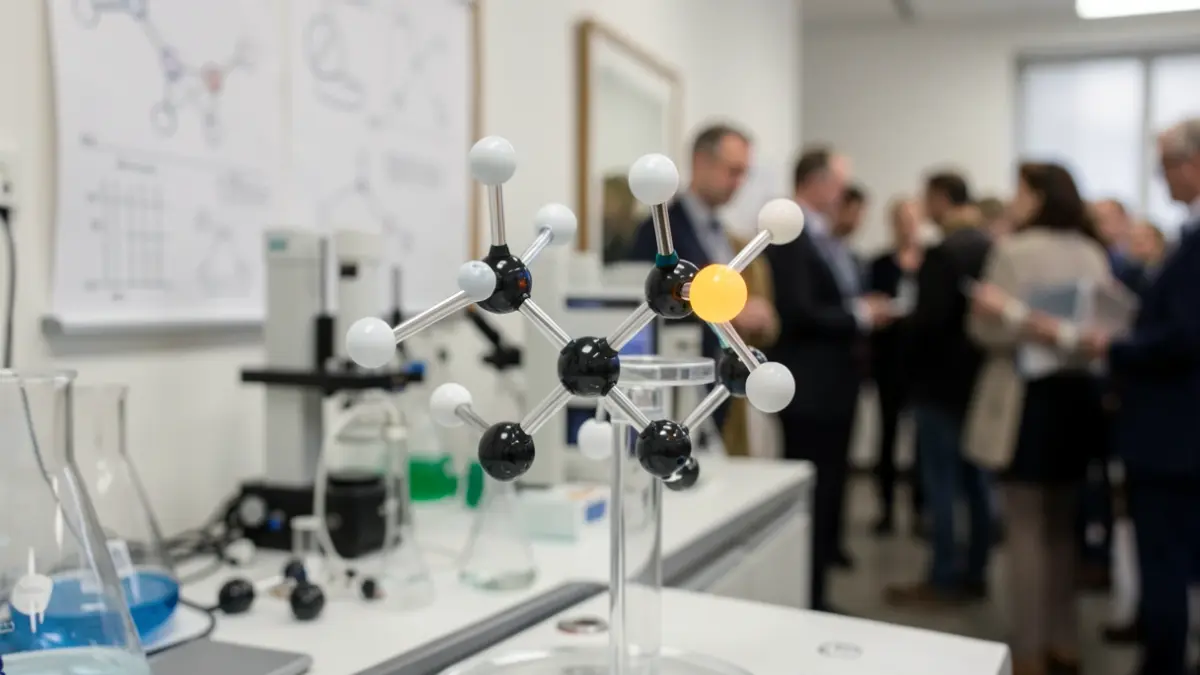 Chiral molecule with two mirror-image forms, highlighting the importance of chirality in chemistry and medicine.