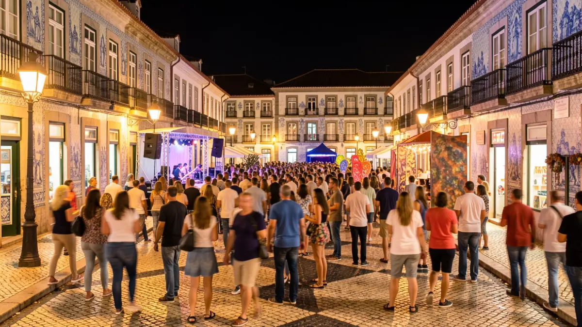 Imagem genérica de uma noite cultural festiva em Braga, com multidões desfocadas a desfrutar de música e arte em meio a arquitetura portuguesa.