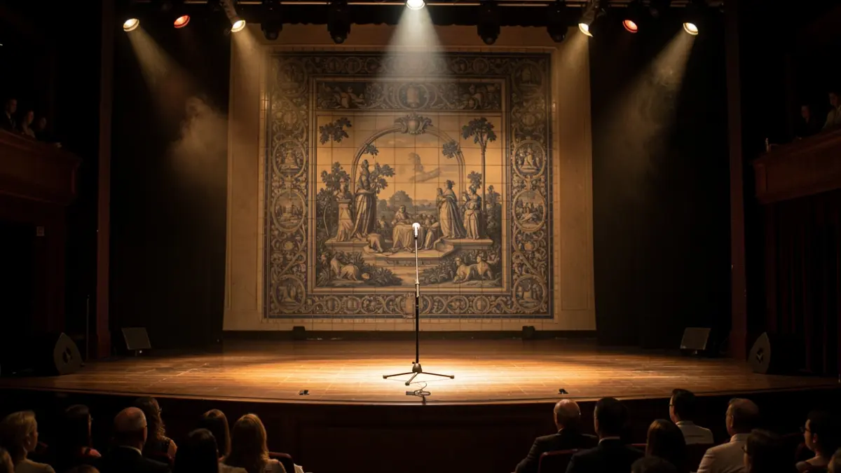 Generic image of a concert stage with a microphone, Portuguese tiles, and dramatic lighting.