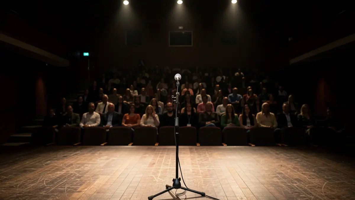 Imagem genérica de um palco de auditório em Portugal, com um microfone solitário e focos de luz.