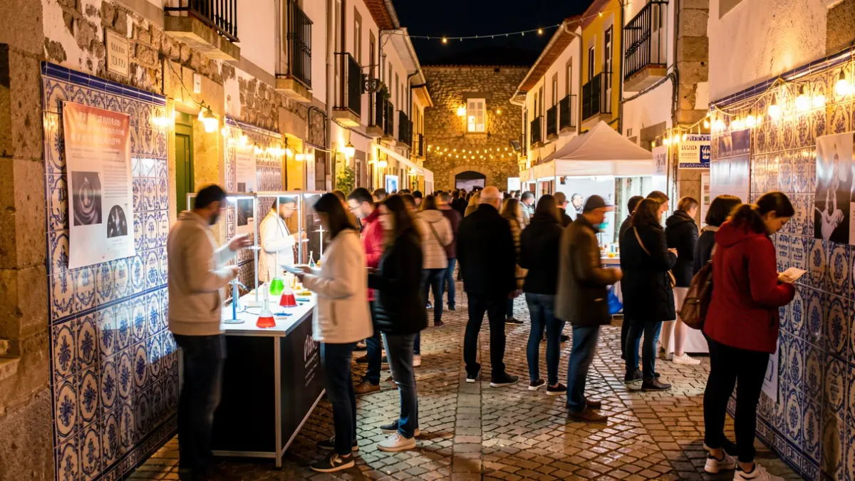 Imagem genérica de um evento de ciência em Arcos de Valdevez, com participantes e elementos culturais portugueses.