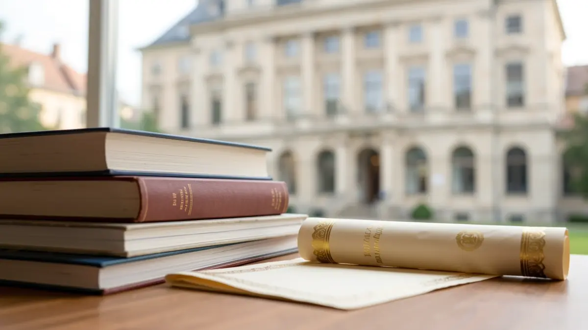 Generic image of a stack of academic books and a diploma on a wooden desk.