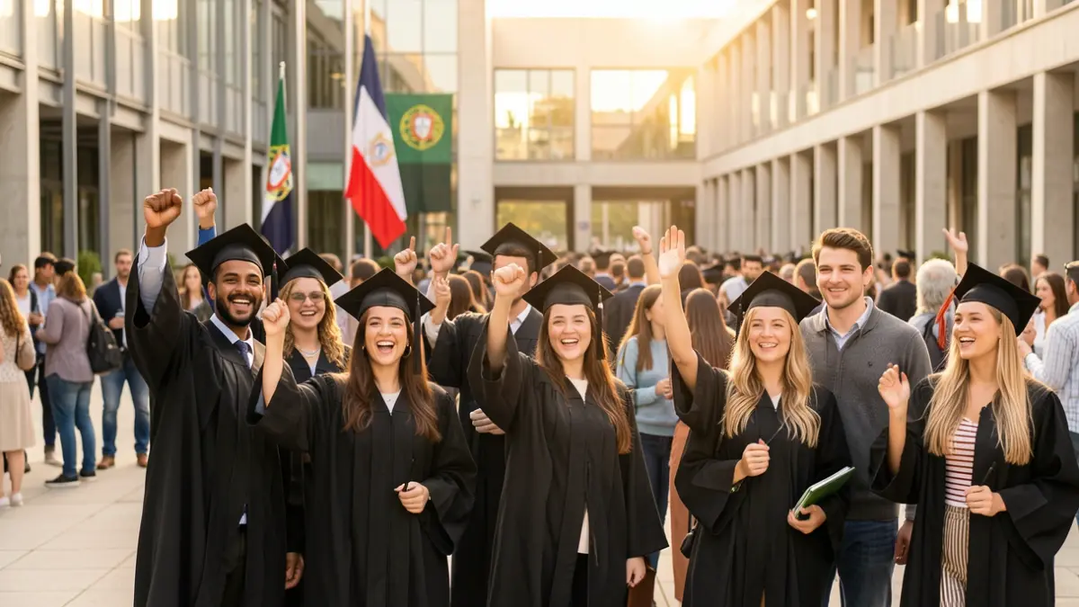 Imagen genérica de jóvenes diplomados celebrando la conclusión de un curso universitario, con elementos que remiten a la cooperación internacional.
