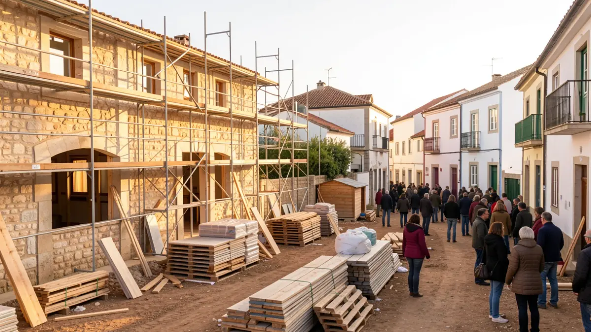 Generic image of a new nursery school construction site in Portugal, with building materials and scaffolding visible, warm afternoon sunlight.