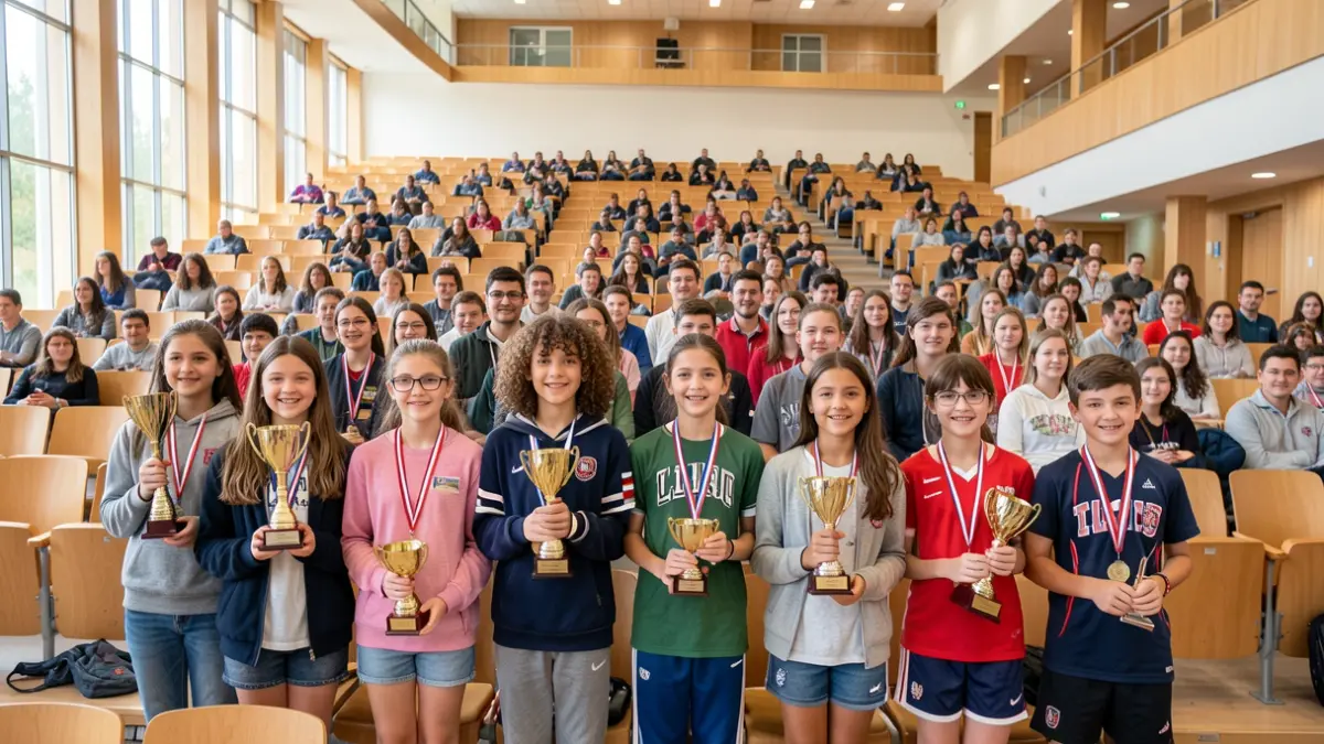 Imagen genérica de estudiantes universitarios recibiendo premios de mérito deportivo en una ceremonia en Portugal.