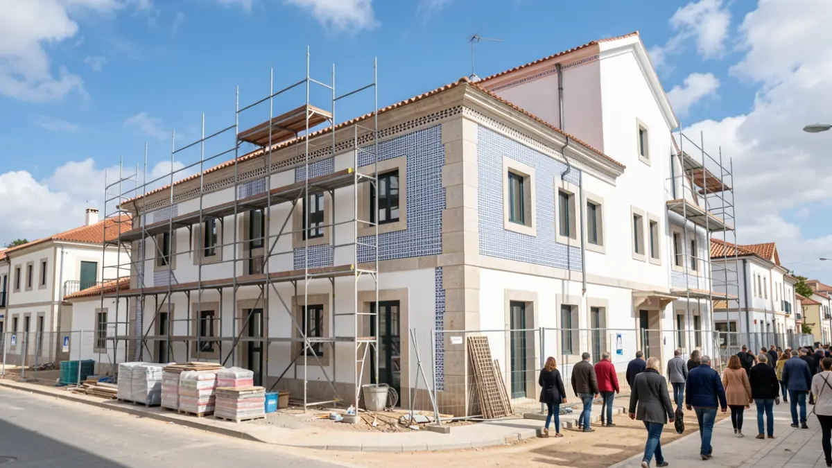 Generic image of a health center under construction with scaffolding and building materials. Blue sky with clouds. Portuguese architectural elements.