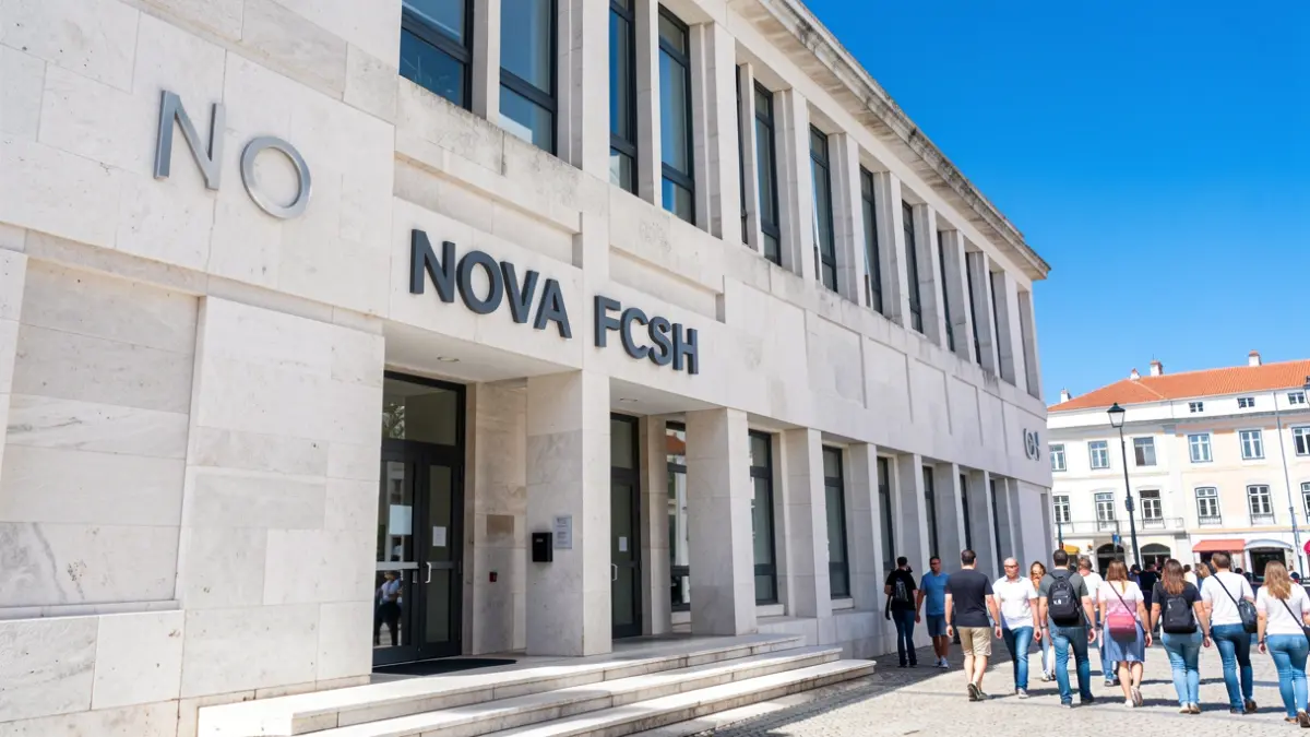 Facade of the NOVA FCSH building in Lisbon, Portugal, with clear signage on a sunny day.