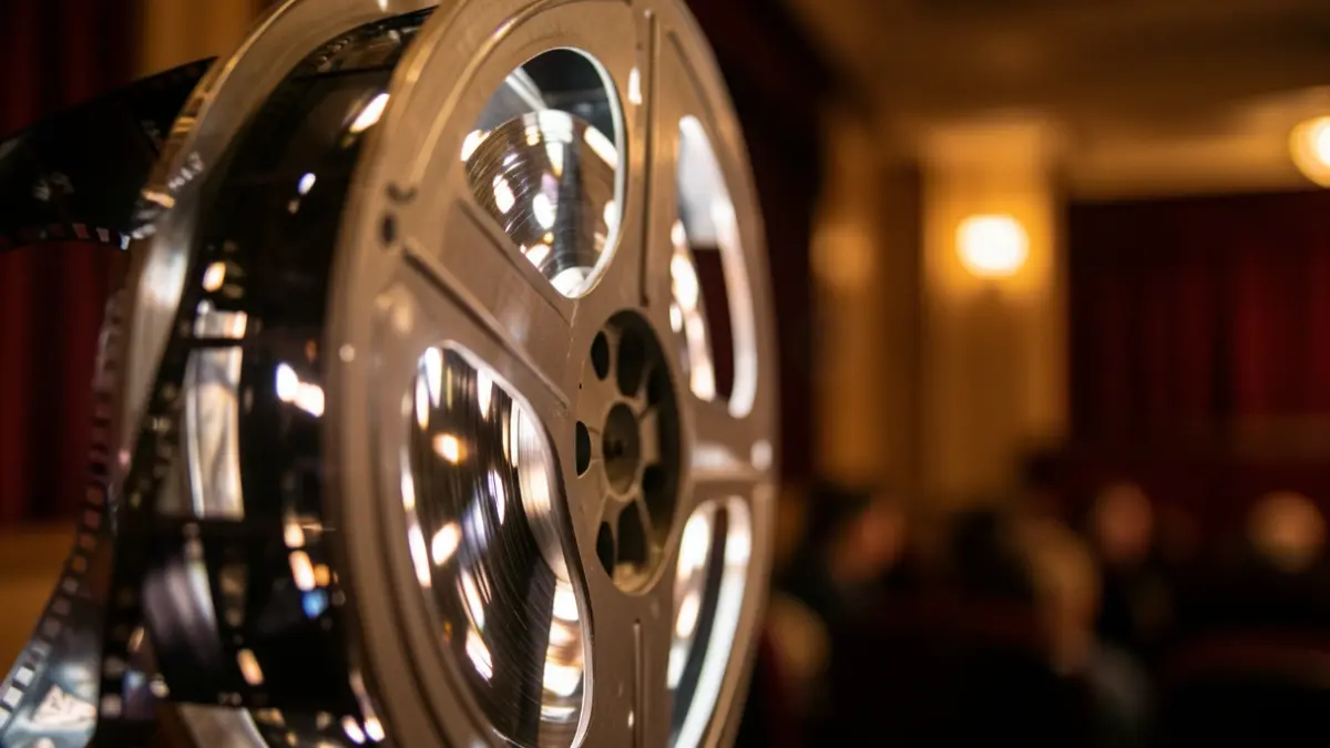 Generic image of an old film reel with light shining through it, soft focus.