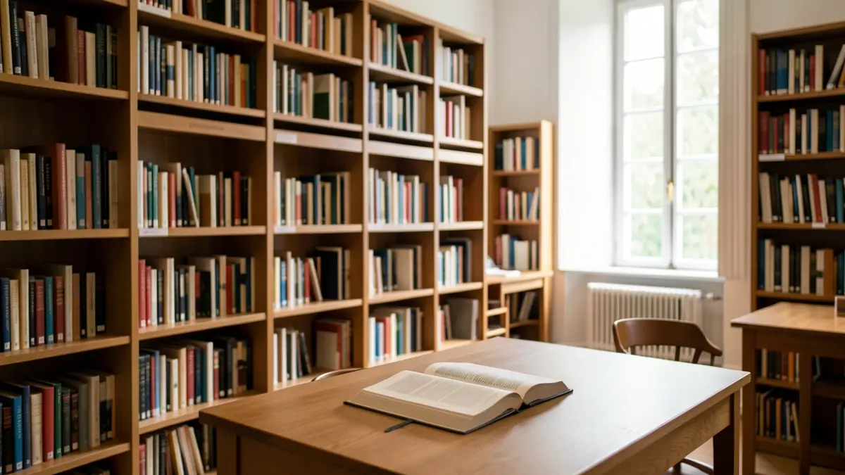 Generic image of a library with bookshelves and natural light.