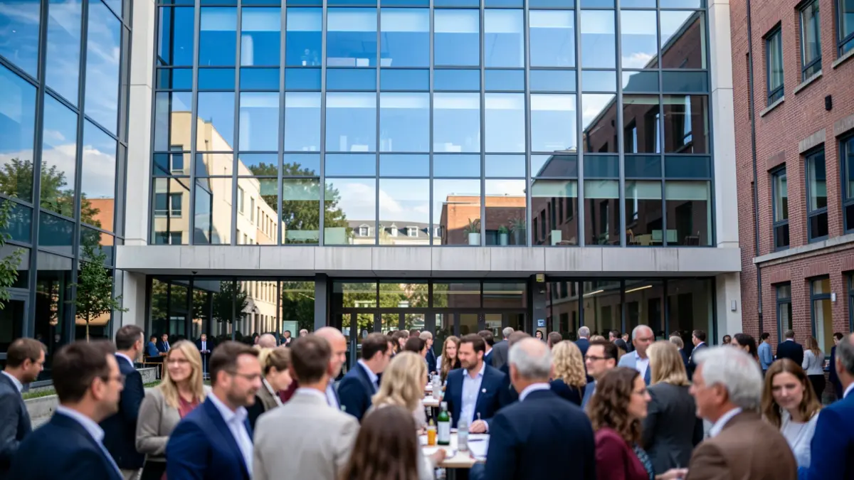 Generic image of a modern university building facade with large windows reflecting a blue sky, with a blurred foreground of people at a networking event.