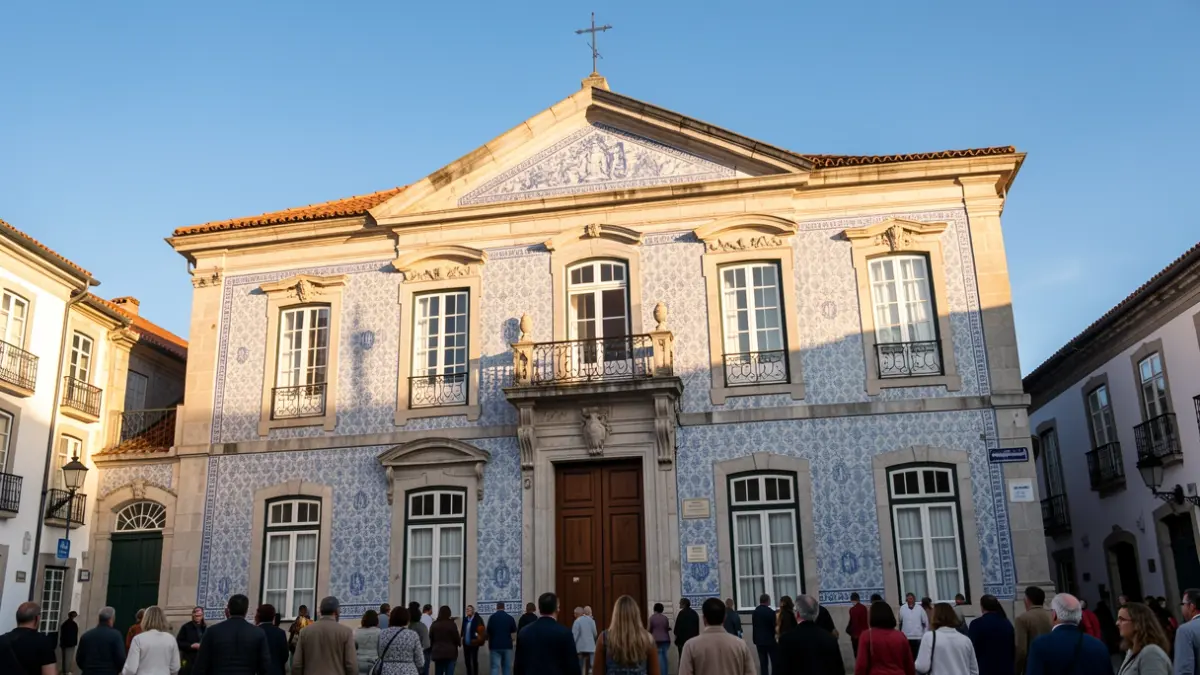 Fachada de un edificio municipal en Sousel con azulejos tradicionales.
