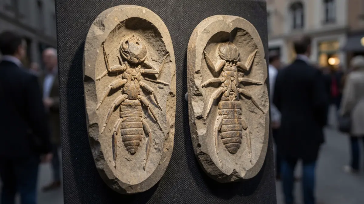 Imagen genérica de un fósil de ninfa de insecto con patas visibles, preservado en moldes.