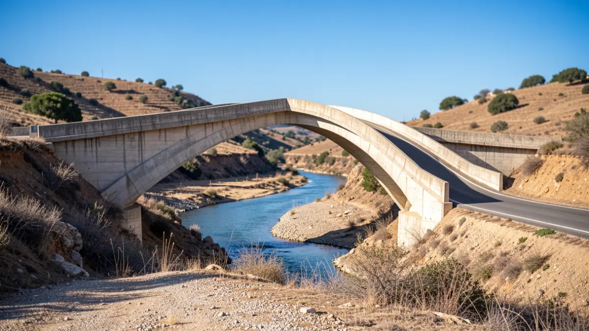 Imagem genérica de uma nova ponte de betão sobre um leito de rio seco em Portugal.