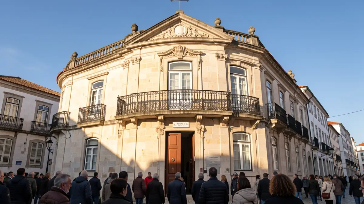 Generic image of a Portuguese town hall facade with ornate balcony and iron railings, warm afternoon sunlight casting shadows on sandstone walls, blue sky.