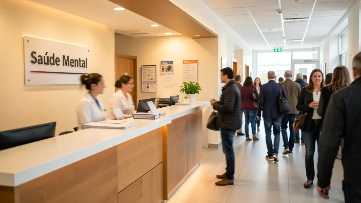 Generic image of a mental health unit reception desk in Portugal, with welcoming lighting and informative signage.