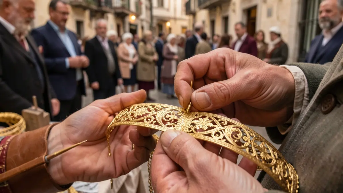 Close-up de joalharia de filigrana dourada intrincada a ser trabalhada por mãos habilidosas, mostrando padrões delicados e artesanato tradicional português. Iluminação quente e focada realça os detalhes finos.