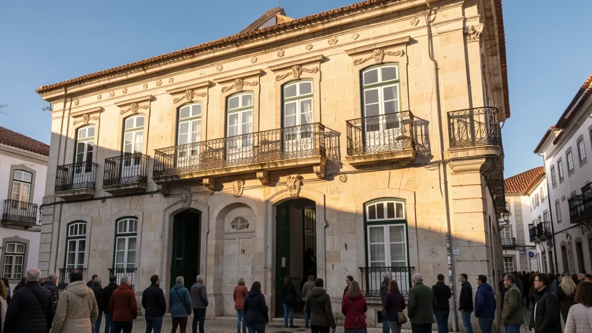 Generic image of a Portuguese municipal building facade at dusk.