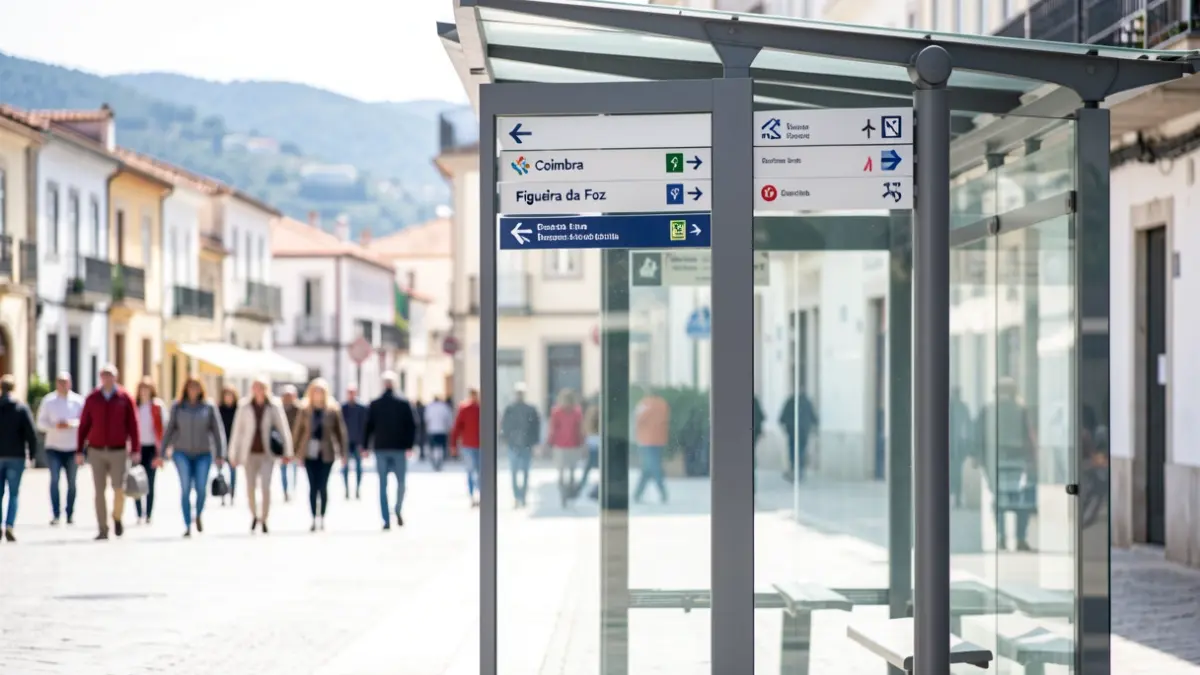 Paragem de autocarro moderna em Soure com indicações para Coimbra e Figueira da Foz.