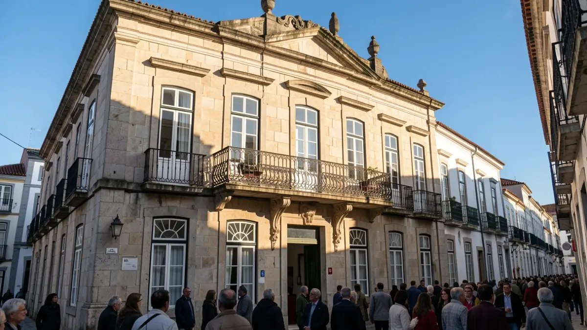 Facade of the Gavião Municipal Building with an ornate balcony and afternoon sunlight.