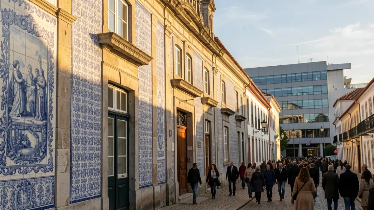 Generic image of Portuguese architecture with azulejo tiles and a stone facade, under late afternoon sunlight.