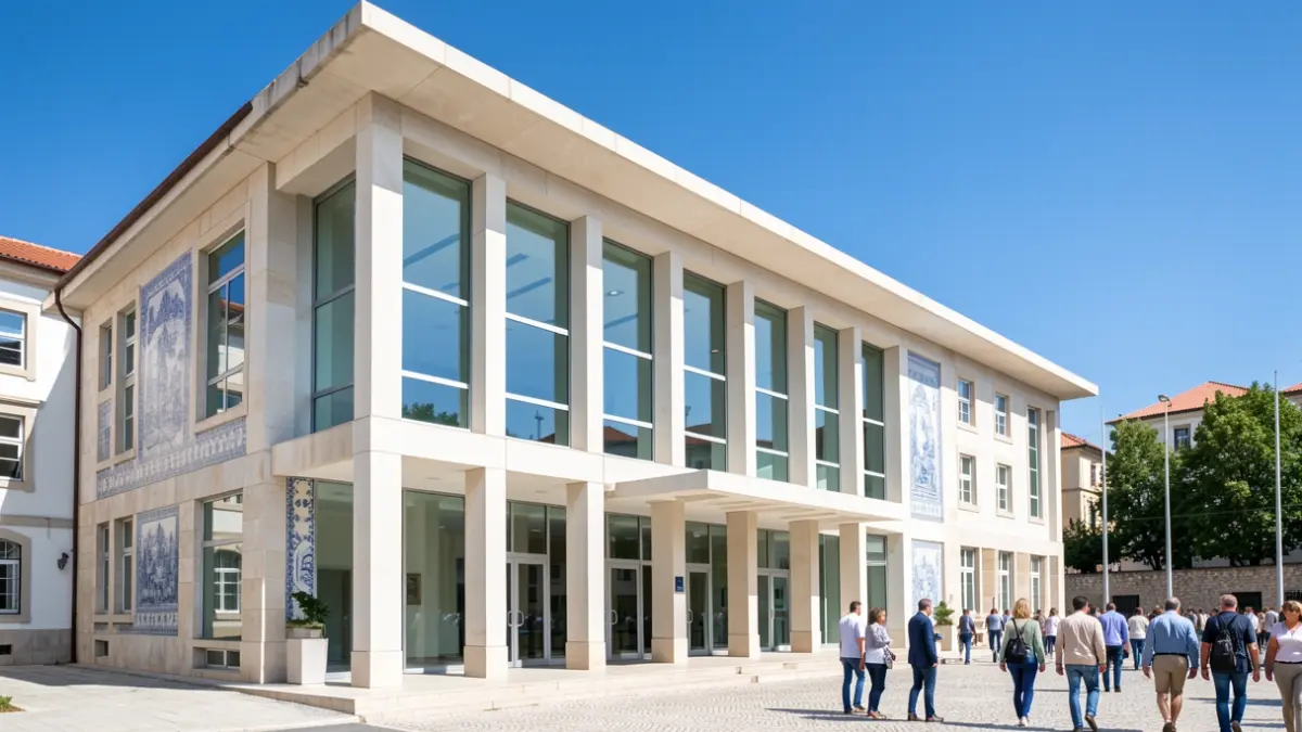 Imagen genérica de la fachada de un edificio universitario moderno con grandes ventanales, bajo un cielo azul claro. Arquitectura de estilo portugués.