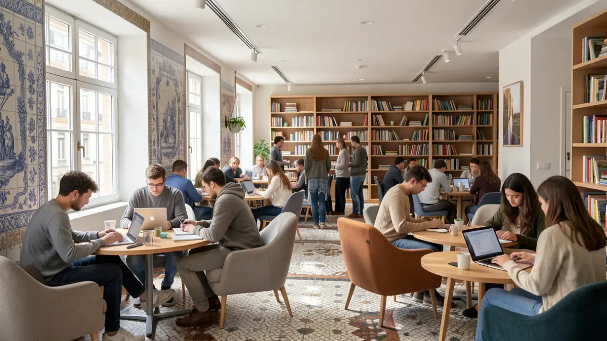 Generic image of a modern coworking space with young people studying and working on laptops, featuring natural light and Portuguese architectural elements.