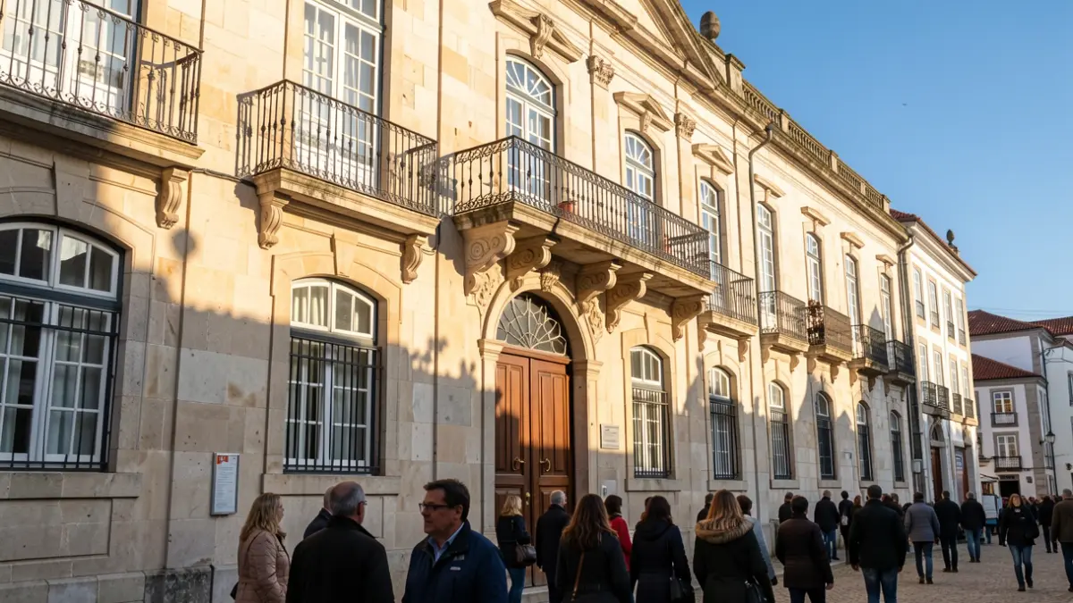 Generic image of a public building facade with a balcony and sunlight.